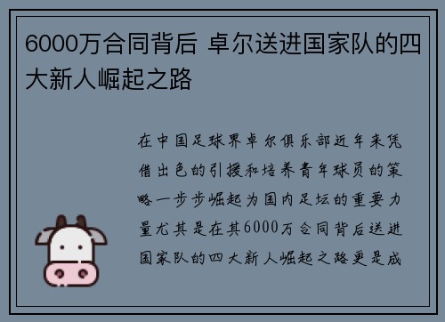 6000万合同背后 卓尔送进国家队的四大新人崛起之路